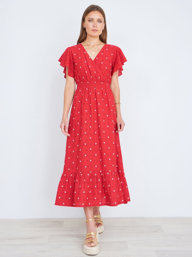 Yumi Broderie Anglaise Wrap Midi Dress With Flower Embroidery - Imagen 1 de 5