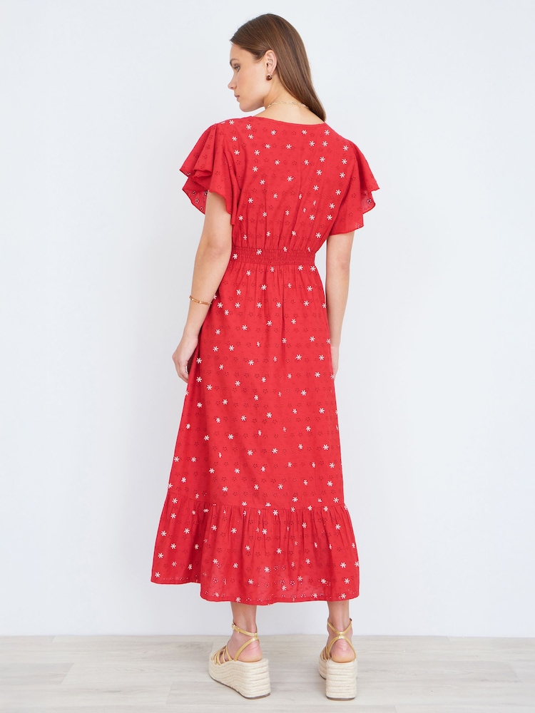 Yumi Broderie Anglaise Wrap Midi Dress With Flower Embroidery - Imagen 2 de 5