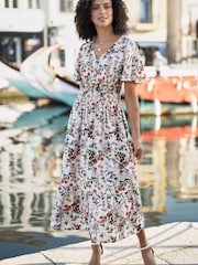 Yumi Cream Botanical Print Viscose Midi Dress - Image 1 of 5