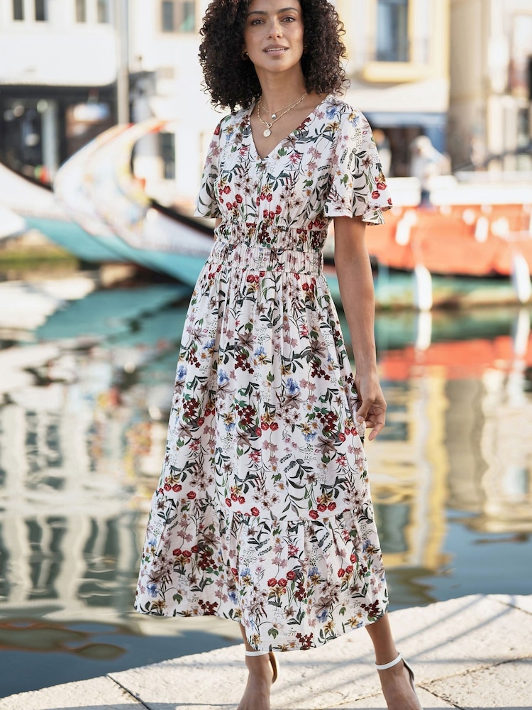 Yumi Cream Botanical Print Viscose Midi Dress - Image 1 of 5