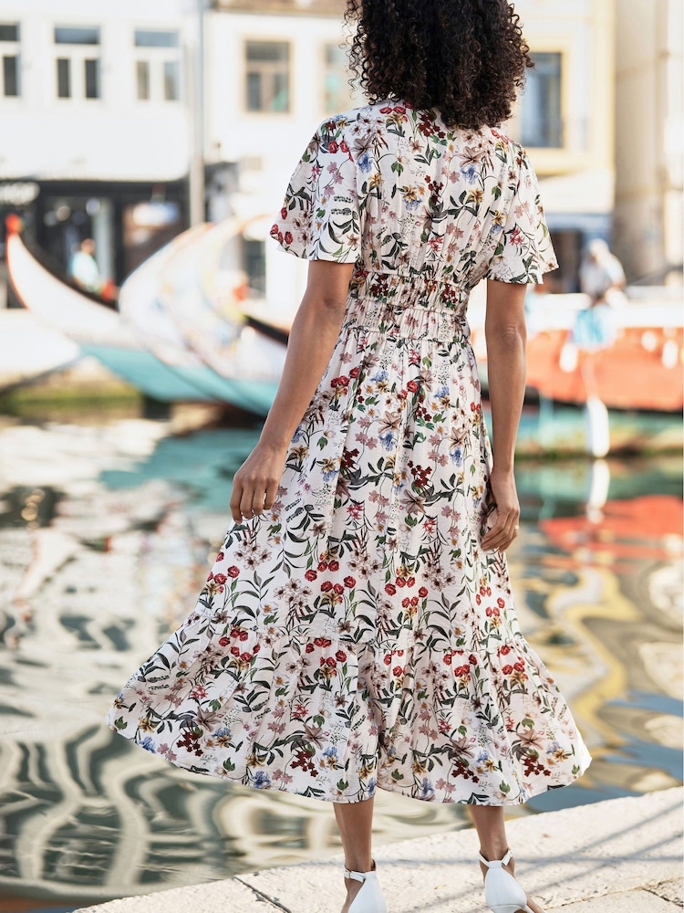 Yumi Cream Botanical Print Viscose Midi Dress - Image 2 of 5