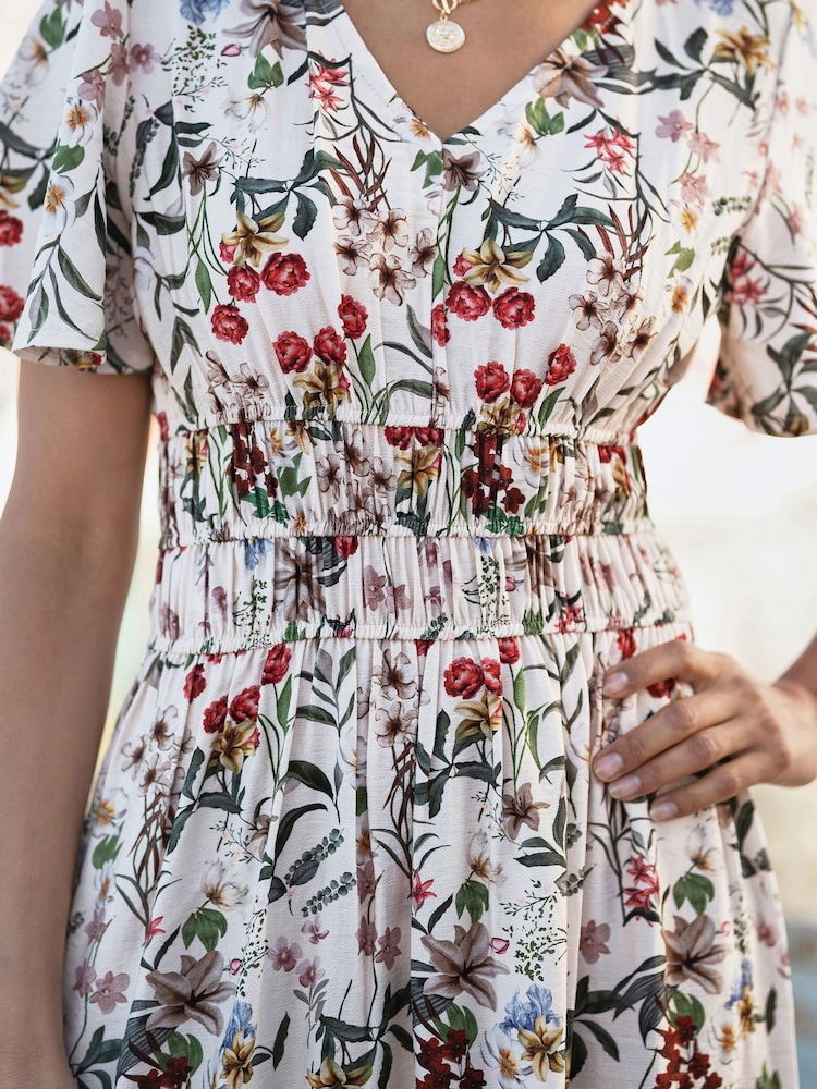 Yumi Cream Botanical Print Viscose Midi Dress - Image 5 of 5