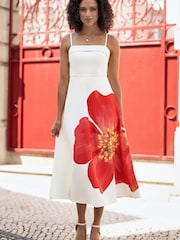 Yumi White Oversize Poppy Placement Midi Sun Dress - Image 1 of 5