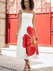 Yumi White Oversize Poppy Placement Midi Sun Dress - Image 3 of 5
