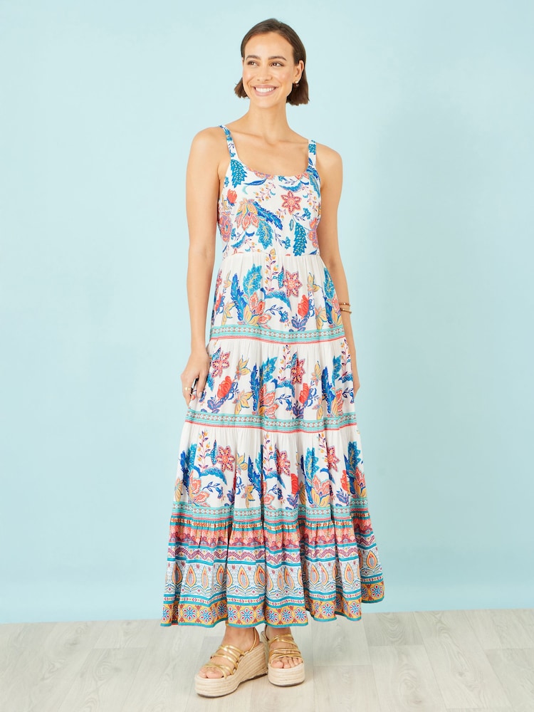 Azul - Vestido largo a capas con estampado en bloques boho de Yumi - Imagen 1 de 5