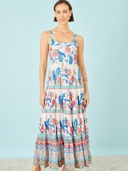 Azul - Vestido largo a capas con estampado en bloques boho de Yumi - Imagen 3 de 5