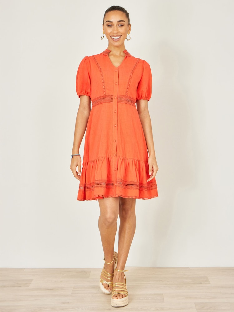 Naranja - Yumi Cotton Lace Trim Skater Shirt Dress - Imagen 1 de 5