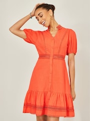 Naranja - Yumi Cotton Lace Trim Skater Shirt Dress - Imagen 4 de 5