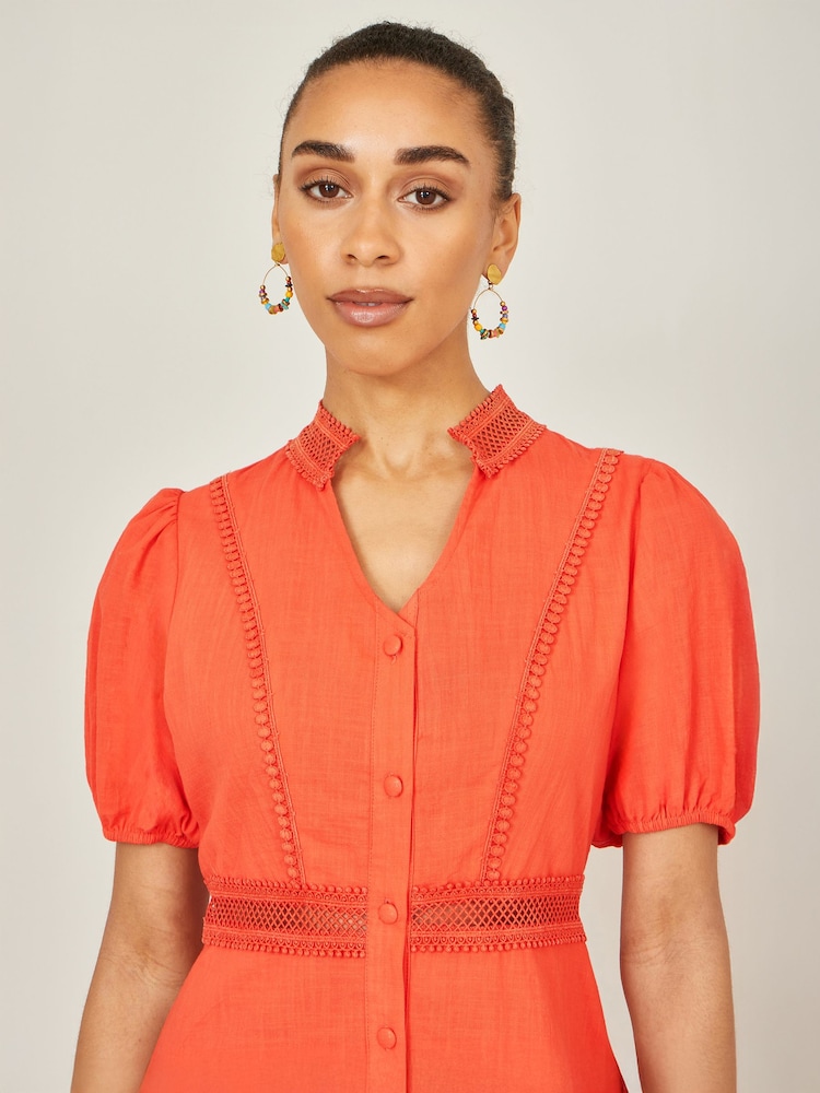 Naranja - Yumi Cotton Lace Trim Skater Shirt Dress - Imagen 5 de 5