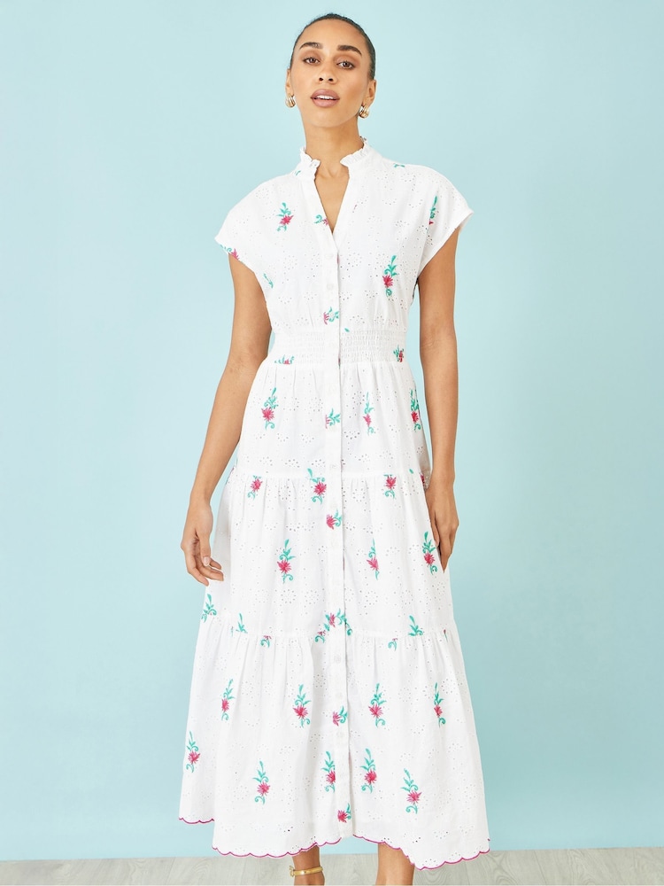 Yumi White Cotton Broderie Anglaise Embroidered Midi Dress - Image 1 of 4