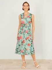 Yumi Mint Green Blurred Floral Print Mesh Stretch Midi Dress With Pockets - Image 1 of 4