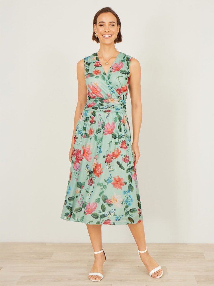 Yumi Mint Green Blurred Floral Print Mesh Stretch Midi Dress With Pockets - Image 1 of 4