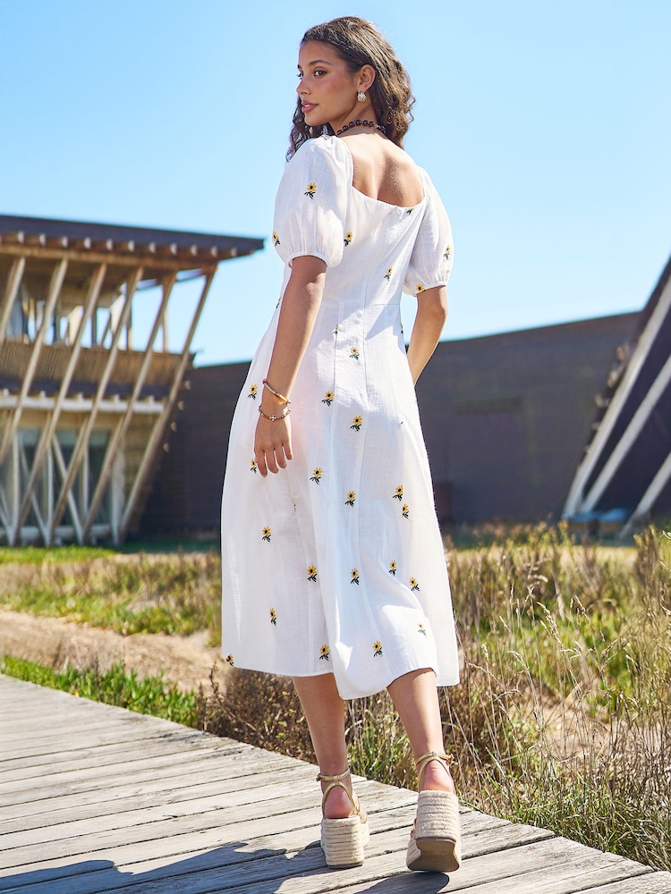Yumi White Cotton Sunflower Embroidered Midi Dress - Image 2 of 4