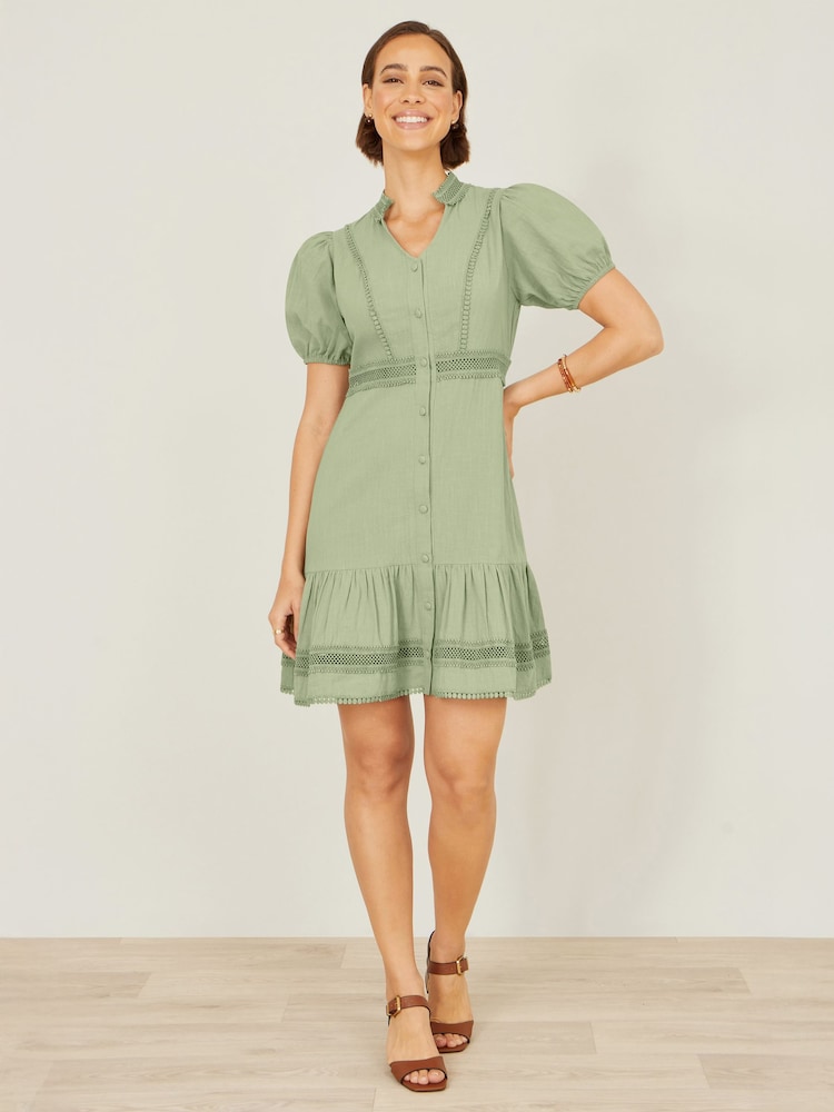 Verde menta - Yumi Cotton Lace Trim Skater Shirt Dress - Imagen 1 de 5