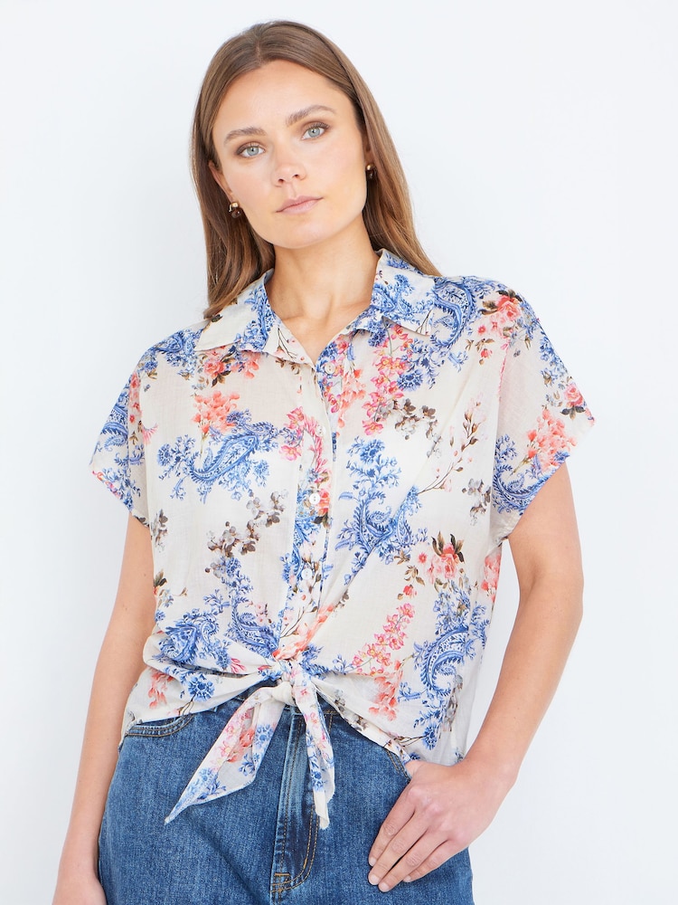 Yumi White Cotton Paisley Print Tie Knot Shirt - Image 1 of 4