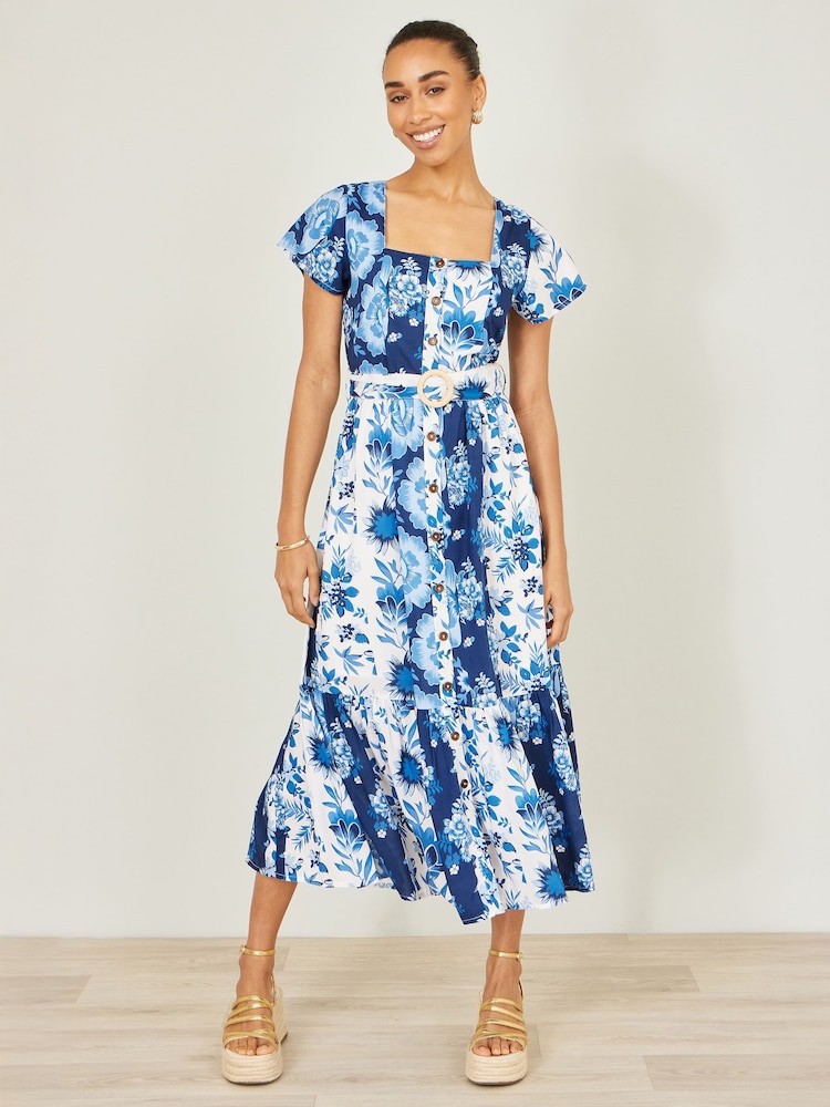 Yumi Blue Floral Viscose Midi Shirt Dress With Matching Belt - Image 1 of 4