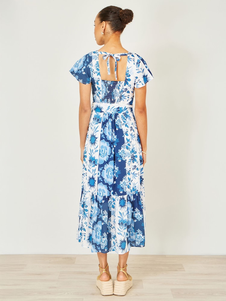 Yumi Blue Floral Viscose Midi Shirt Dress With Matching Belt - Image 2 of 4