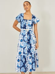 Yumi Blue Floral Viscose Midi Shirt Dress With Matching Belt - Image 3 of 4