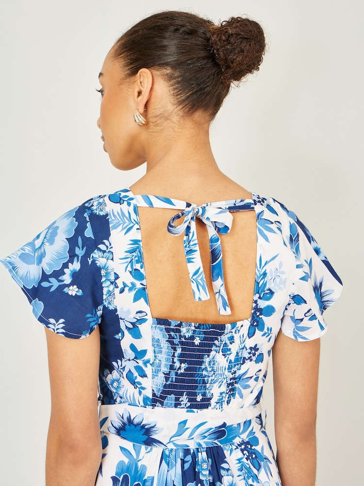 Yumi Blue Floral Viscose Midi Shirt Dress With Matching Belt - Image 4 of 4