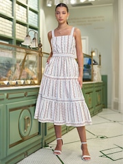 Yumi White Botanical Stripe Midi Dress With Lace Trims - Image 1 of 4