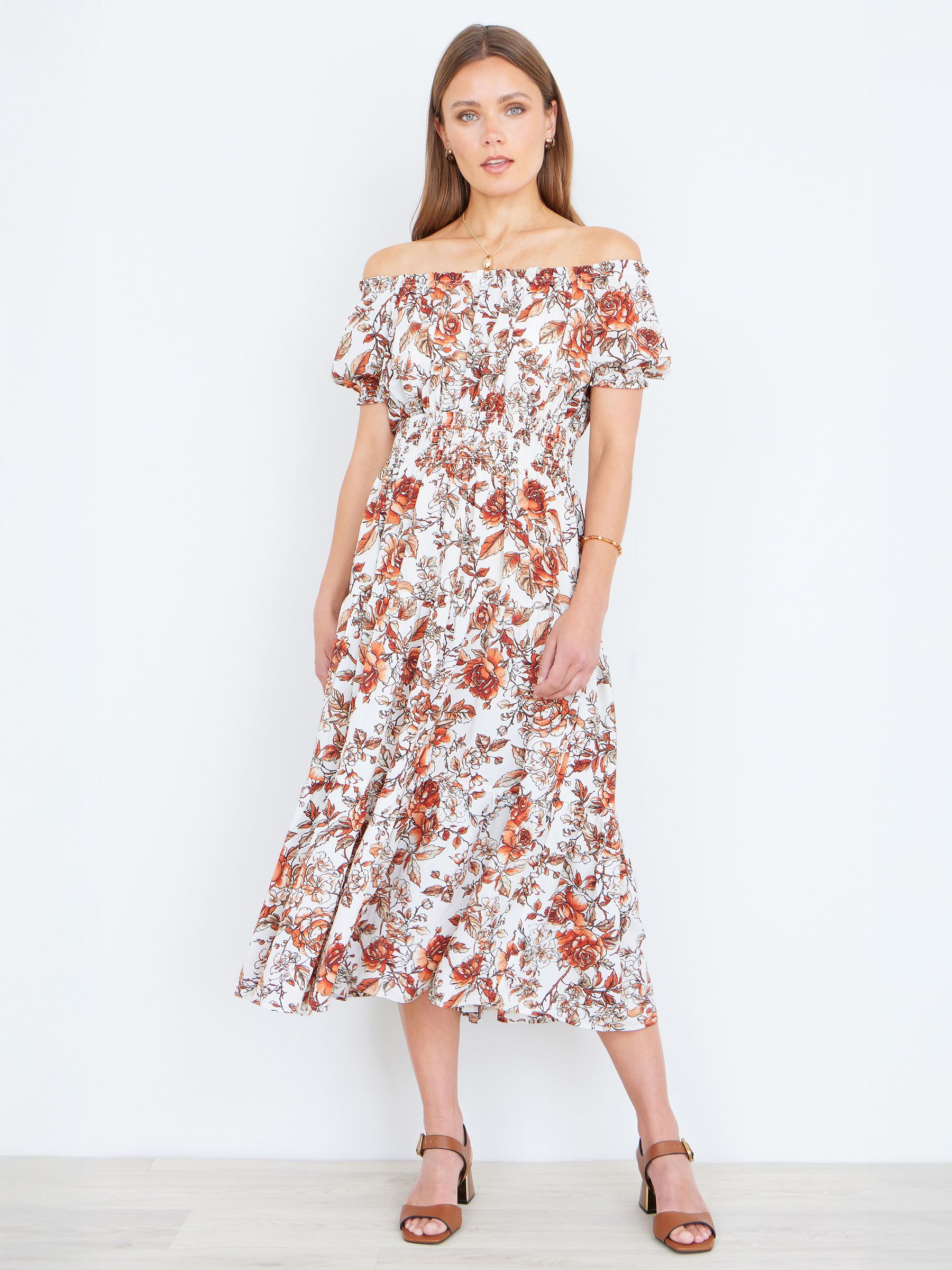 Yumi Women's Orange Floral Ruched Waist Midi Dress