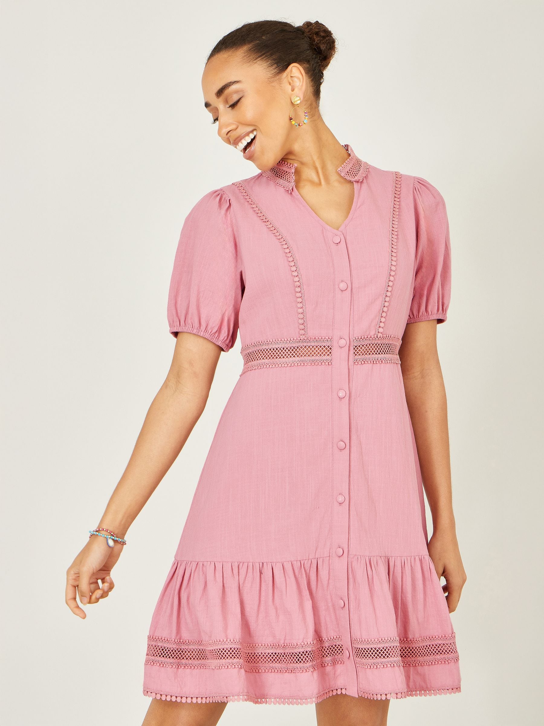 Buy Yumi Rose Pink Cotton Lace Trim Skater Shirt Dress from Next USA