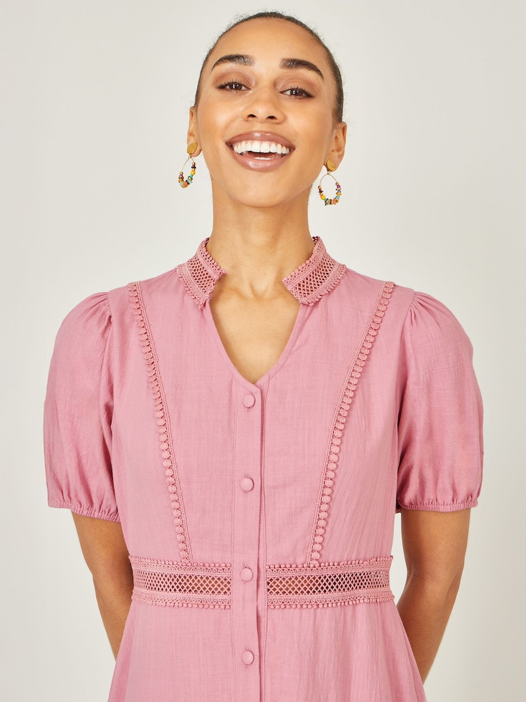 Rosa - Yumi Cotton Lace Trim Skater Shirt Dress - Imagen 5 de 5