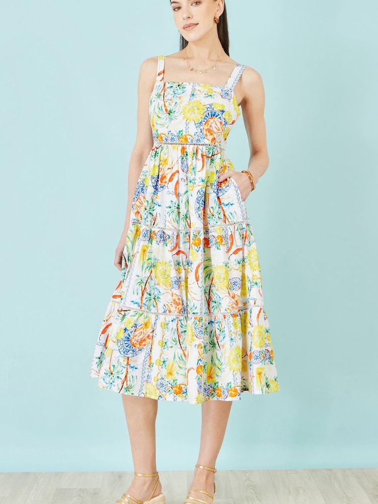 Yumi White Mediterranean Print Cotton Midi Sun Dress - Image 1 of 5
