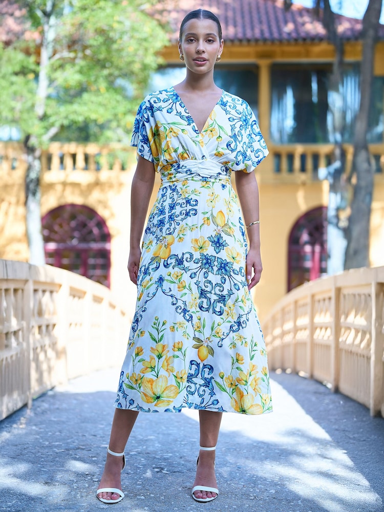 Yumi Cream Lemon Print Viscose Ruched Waist Midi Dress - Image 1 of 5