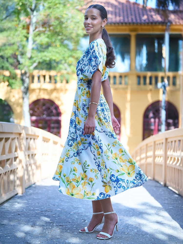 Yumi Cream Lemon Print Viscose Ruched Waist Midi Dress - Image 2 of 5