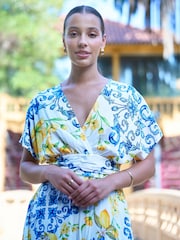 Yumi Cream Lemon Print Viscose Ruched Waist Midi Dress - Image 3 of 5