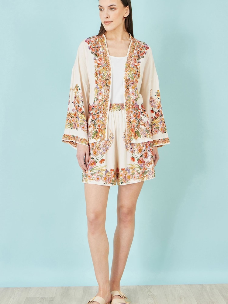 Yumi Cream Viscose Floral Border Shorts - Image 1 of 3