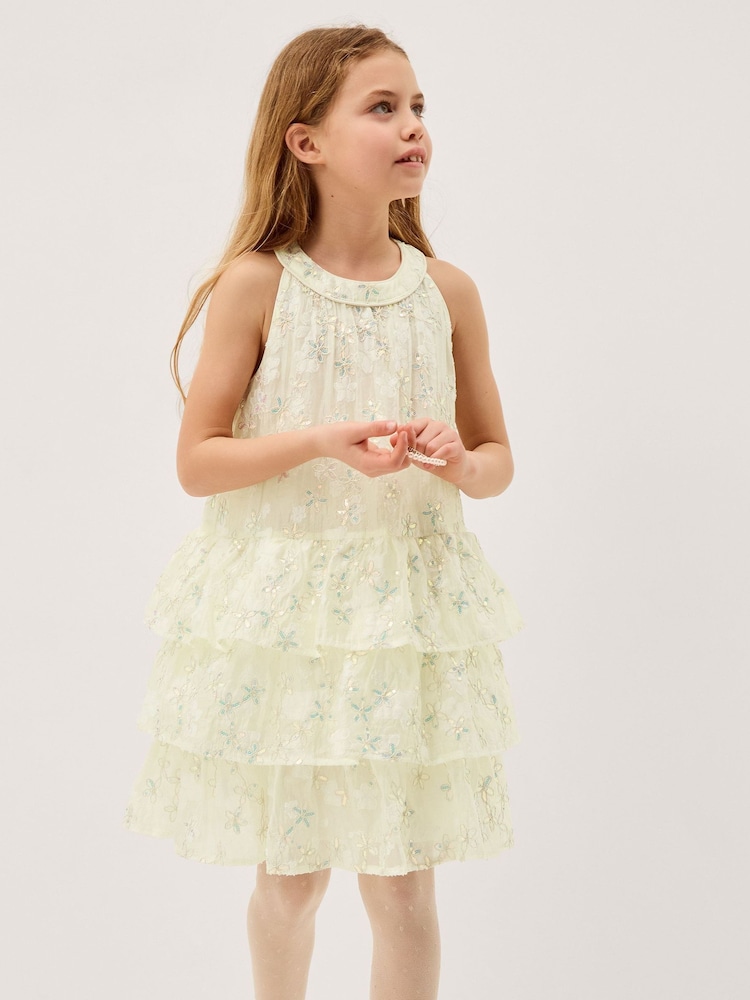 Monsoon Cream Georgie Sequin Jacquard Tiered Party Dress - Image 1 of 3