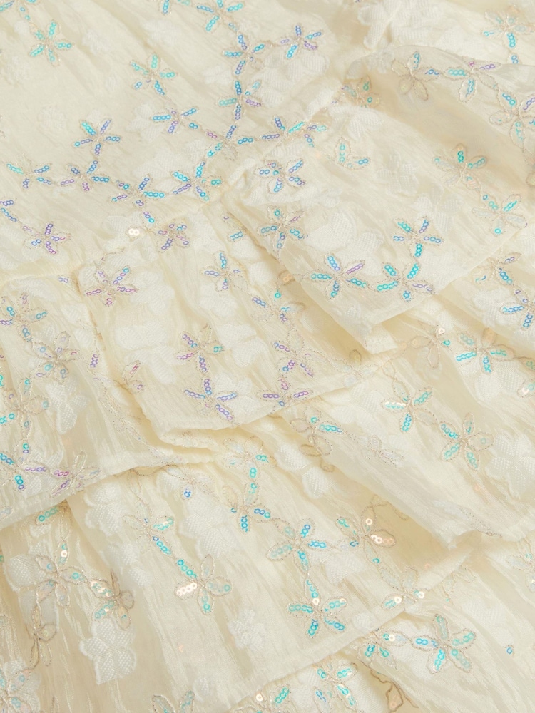 Monsoon Cream Georgie Sequin Jacquard Tiered Party Dress - Image 3 of 3