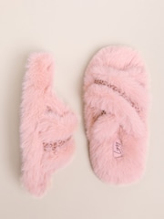 Lipsy Pink Faux Fur Leopard Print Tape Cross Strap Slider Slippers - Image 1 of 4