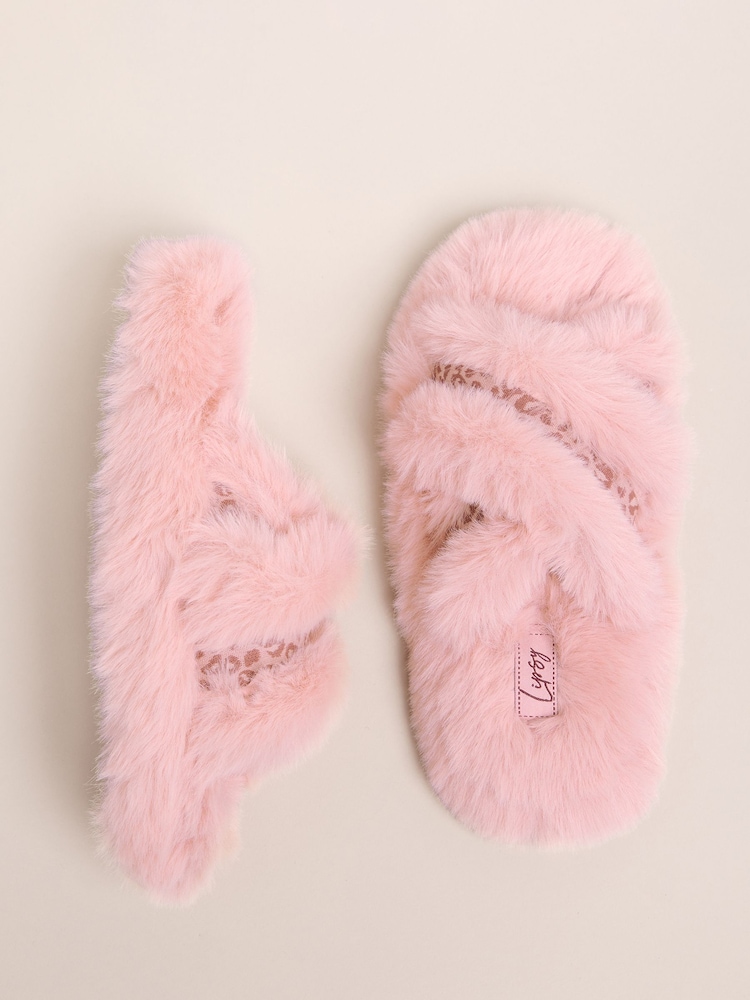 Lipsy Pink Faux Fur Leopard Print Tape Cross Strap Slider Slippers - Image 1 of 4 Lipsy Pink Faux Fur Leopard Print Tape Cross Strap Slider Slippers - Image 1 of 4