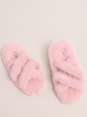 Lipsy Pink Faux Fur Leopard Print Tape Cross Strap Slider Slippers - Image 2 of 4