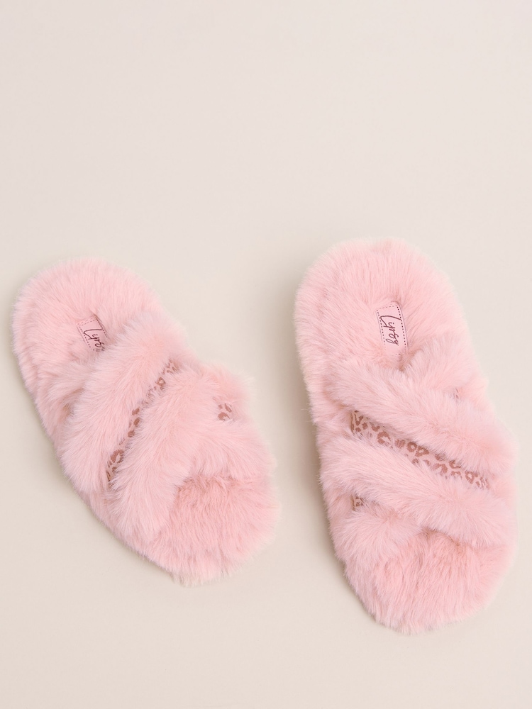 Lipsy Pink Faux Fur Leopard Print Tape Cross Strap Slider Slippers - Image 2 of 4 Lipsy Pink Faux Fur Leopard Print Tape Cross Strap Slider Slippers - Image 2 of 4