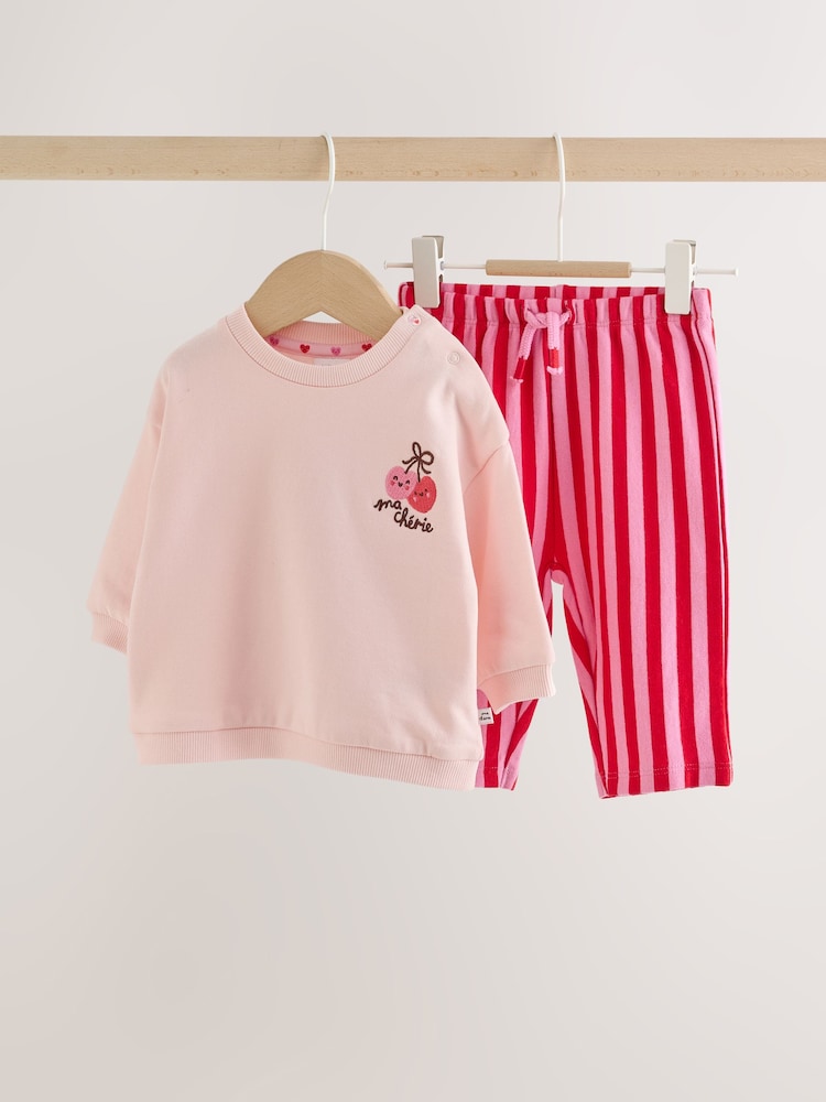 Pink Heart Cherry Baby Sweat Top And Wide Leg Joggers Set 2 Piece (0mths-2yrs) - Image 1 of 9