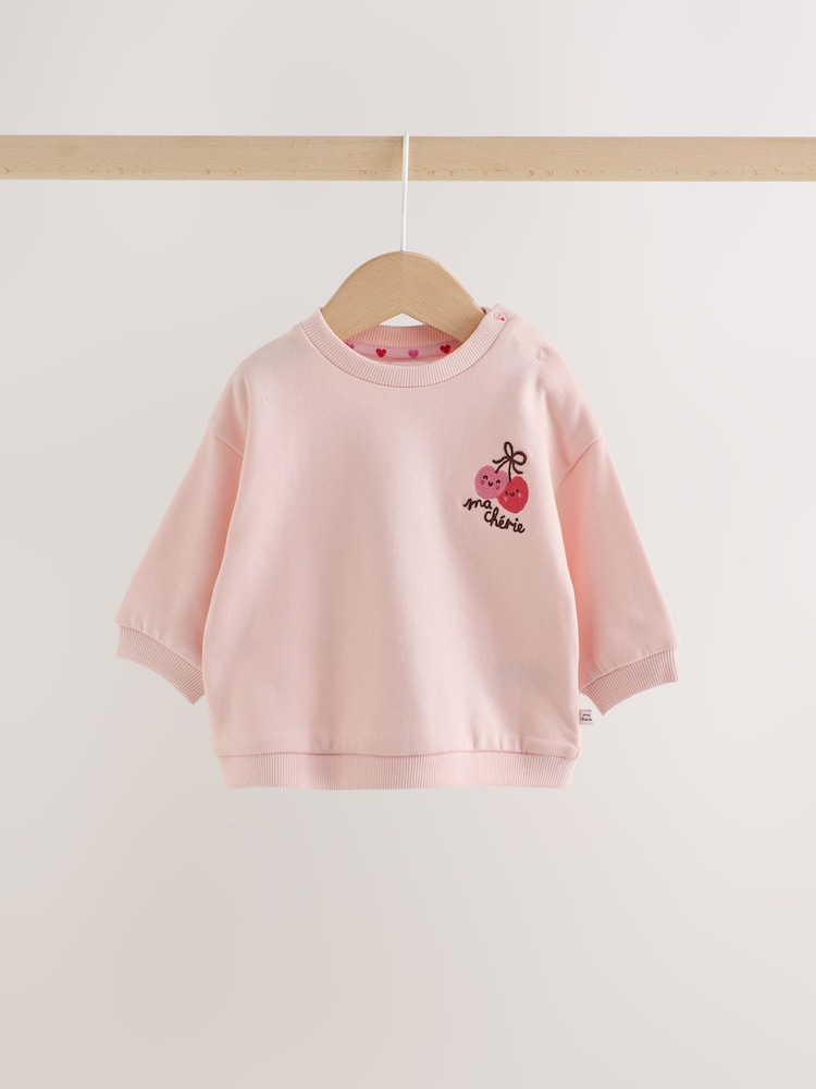 Pink Heart Cherry Baby Sweat Top And Wide Leg Joggers Set 2 Piece (0mths-2yrs) - Image 2 of 9