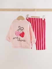 Pink Heart Cherry Baby Sweat Top And Wide Leg Joggers Set 2 Piece (0mths-2yrs) - Image 4 of 9