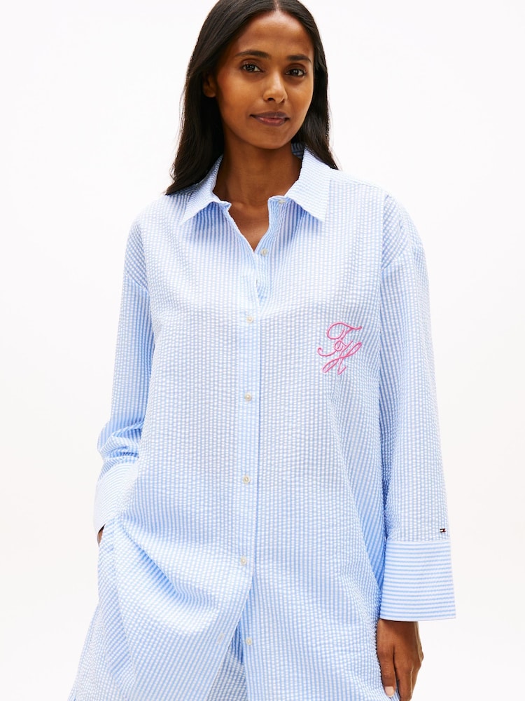 Tommy Hilfiger Blue Seersucker Longline Cover-Up Shirt - Image 1 of 5 Tommy Hilfiger Blue Seersucker Longline Cover-Up Shirt - Image 1 of 5
