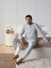 Light Grey Grandad Collar Long Sleeve Waffle Pyjamas Set - Image 1 of 9