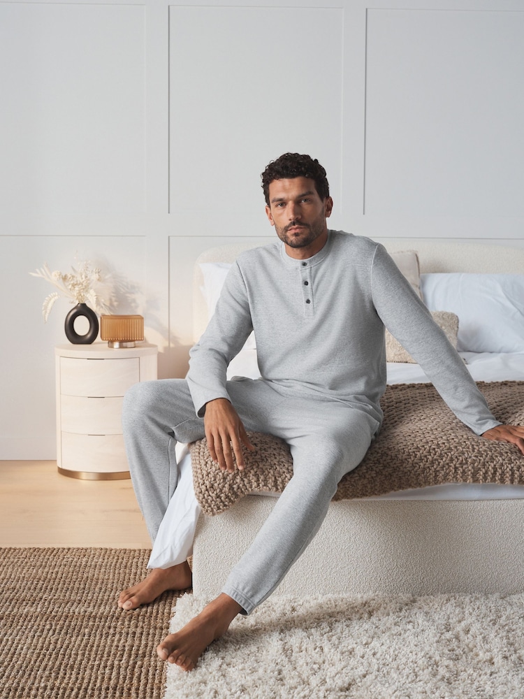 Light Grey Grandad Collar Long Sleeve Waffle Pyjamas Set - Image 1 of 9 Light Grey Grandad Collar Long Sleeve Waffle Pyjamas Set - Image 1 of 9