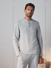 Light Grey Grandad Collar Long Sleeve Waffle Pyjamas Set - Image 2 of 9