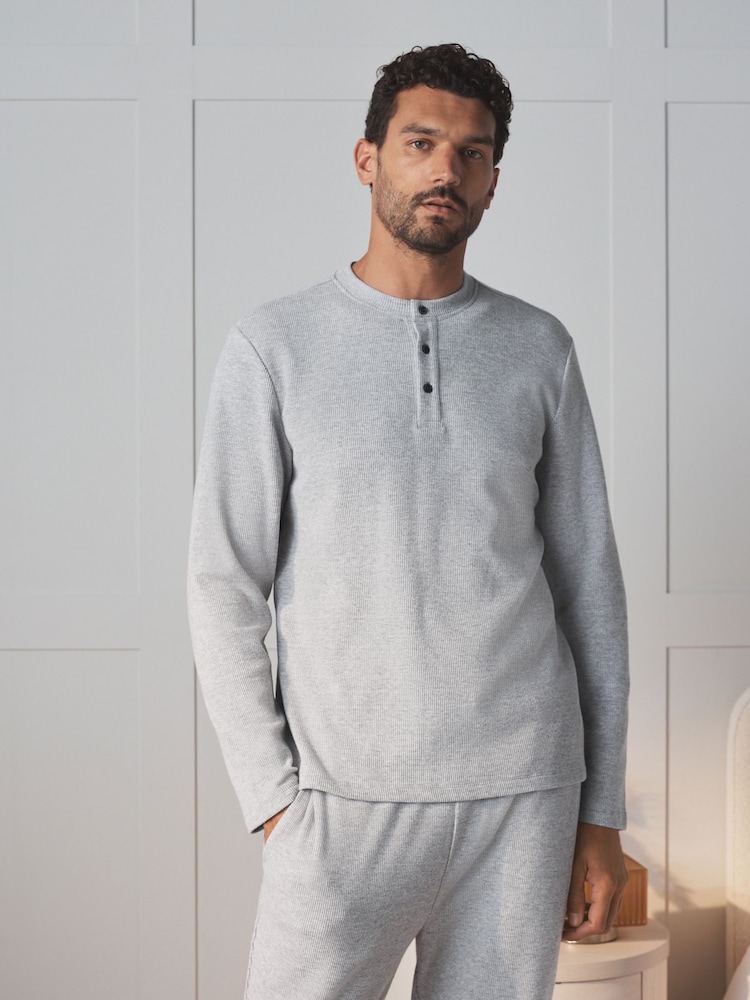 Light Grey Grandad Collar Long Sleeve Waffle Pyjamas Set - Image 2 of 9 Light Grey Grandad Collar Long Sleeve Waffle Pyjamas Set - Image 2 of 9