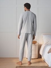 Light Grey Grandad Collar Long Sleeve Waffle Pyjamas Set - Image 4 of 9