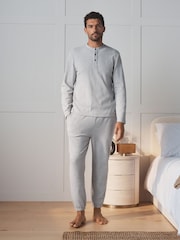 Light Grey Grandad Collar Long Sleeve Waffle Pyjamas Set - Image 6 of 9