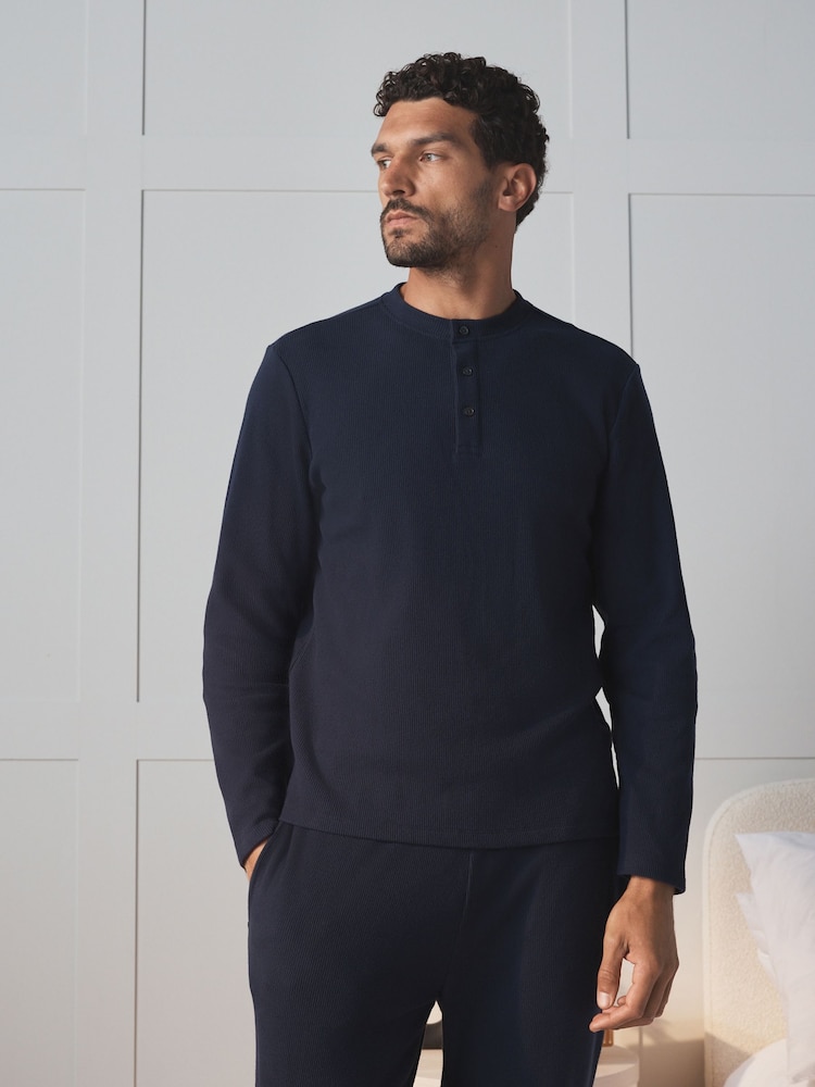 Navy Grandad Collar Long Sleeve Soft Waffle Pyjamas Set - Image 1 of 8 Navy Grandad Collar Long Sleeve Soft Waffle Pyjamas Set - Image 1 of 8