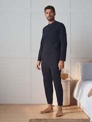 Navy Grandad Collar Long Sleeve Soft Waffle Pyjamas Set - Image 2 of 8